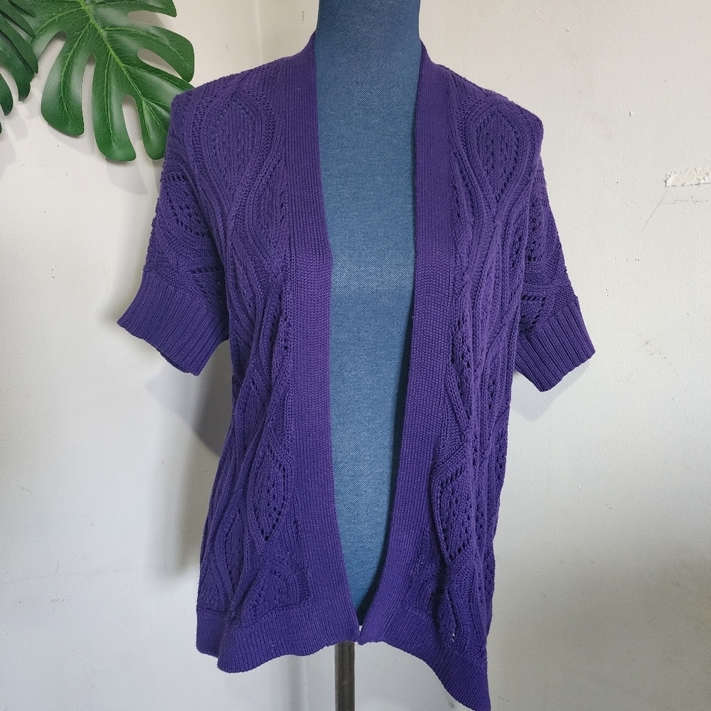LOFT Purple Cotton Short Sleeve Cardigan Sweater